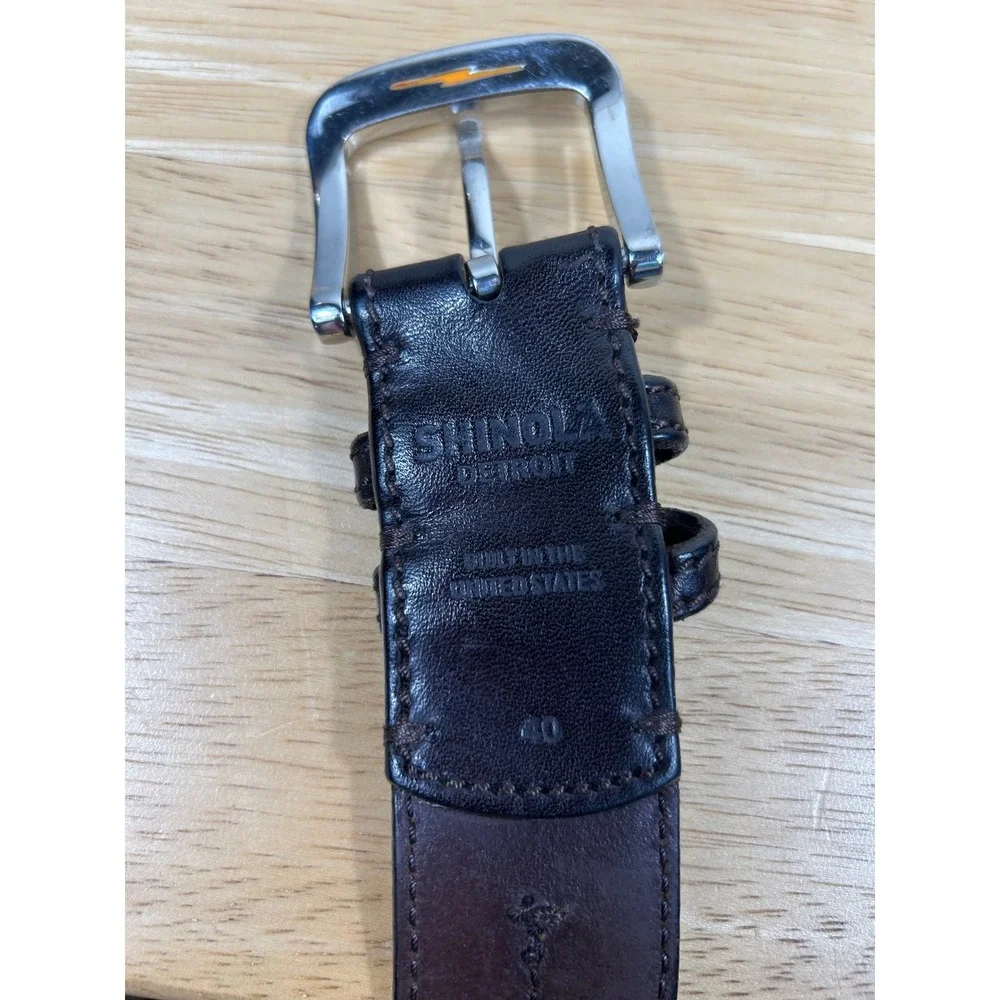 Shinola Leather Belt Mens 40 Dark Brown Double Stitch Silver Buckle USA Made
